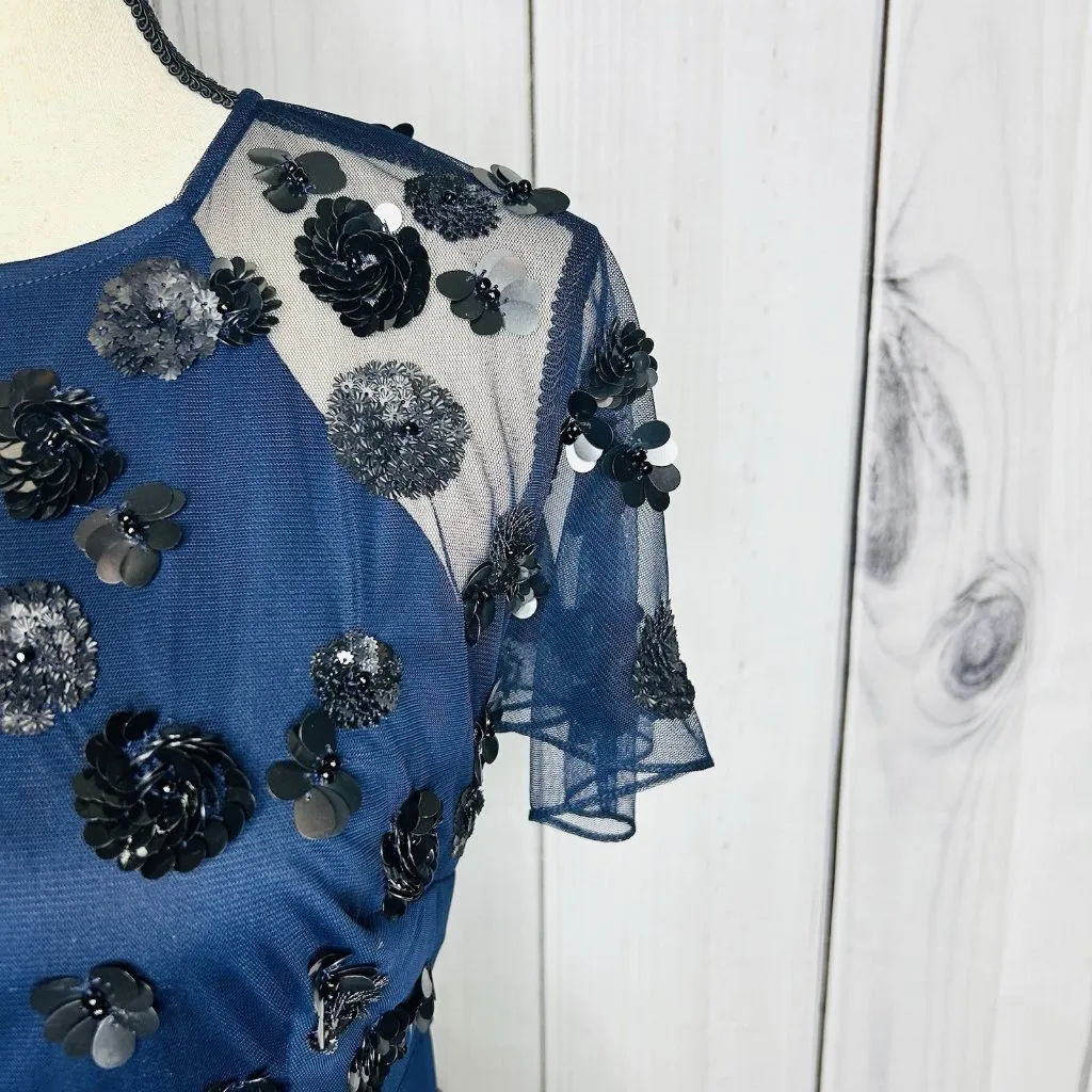 Gianni Bini A-Line Flare Dress Navy Sequin Mesh Tulle Open Back Sz 6 - Image 6