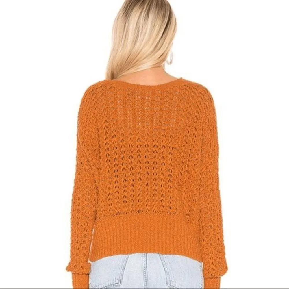 Free People Best Of You Sunset Orange Open Knit V Neck Sweater Medium - Image 9