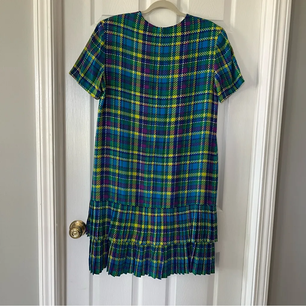 Oleg Cassini 100% Silk Blue Green Plaid Pleated Midi Dress Women Size 12 Vintage - Image 5