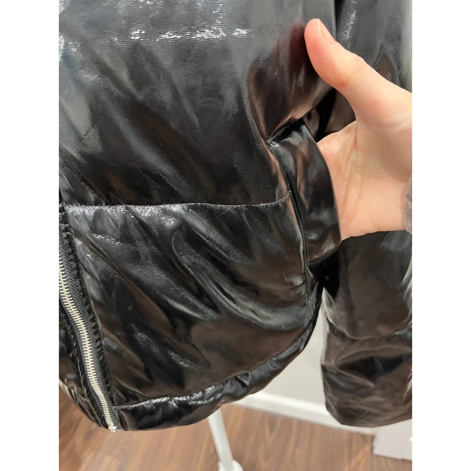 WISHFUL THINKING Black Patent Shiny Puffer Jacket High Neck Zip Front Womens M - Image 6
