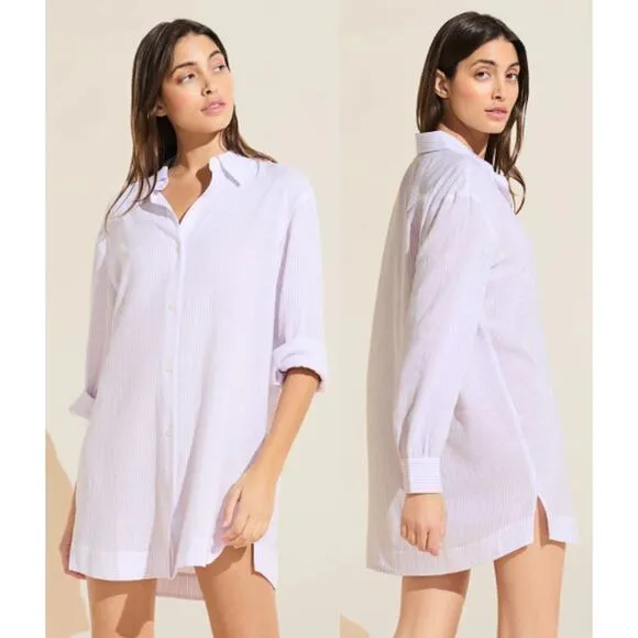 NWT Eberjey Nautico Long Sleeve Button-Front Sleepshirt White/Lavender Women's M - Image 2