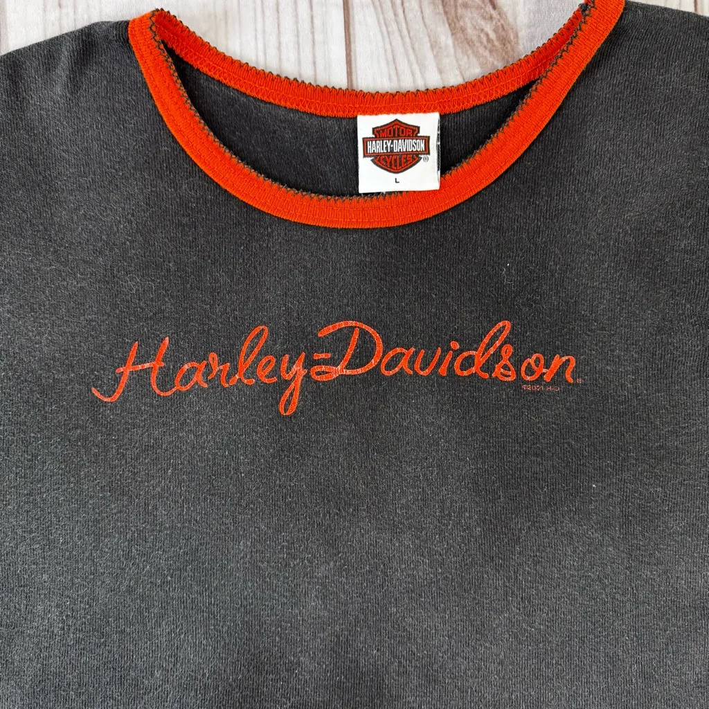 Vintage Century Harley Davidson Medina Ohio Ringer Tee Y2K 2001 Biker Motorcycle Black Size L - Image 4