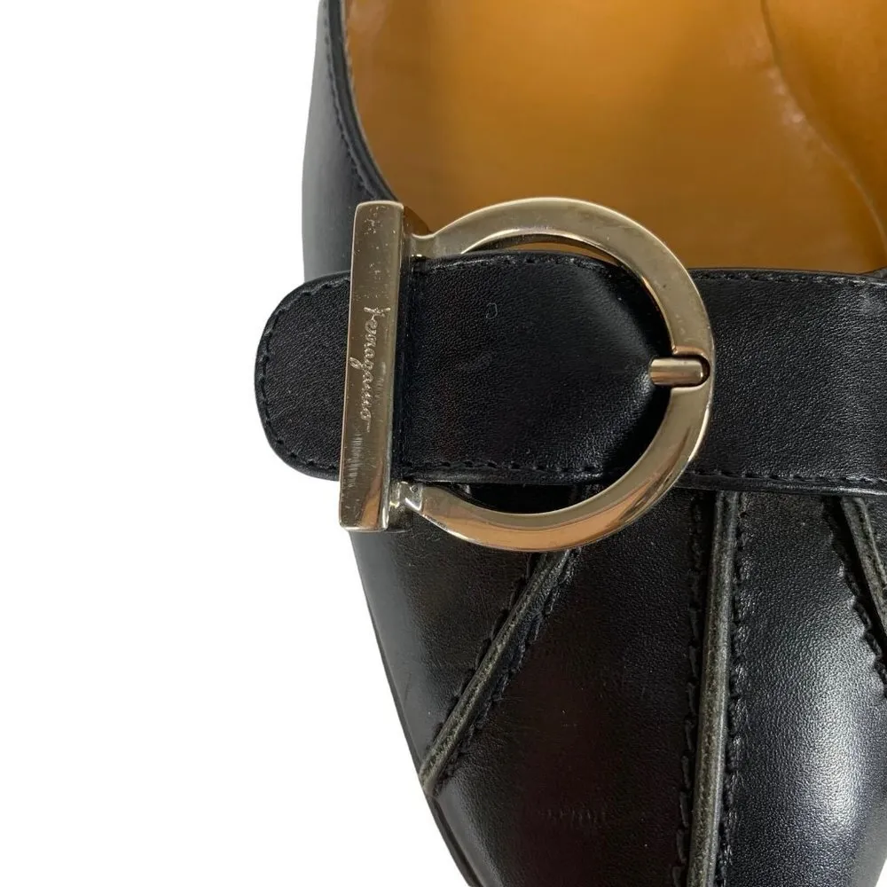 SALVATORE FERRAGAMO Black Leather Round Toe Low Heel Pumps Size 4.5 B Heels - Image 3