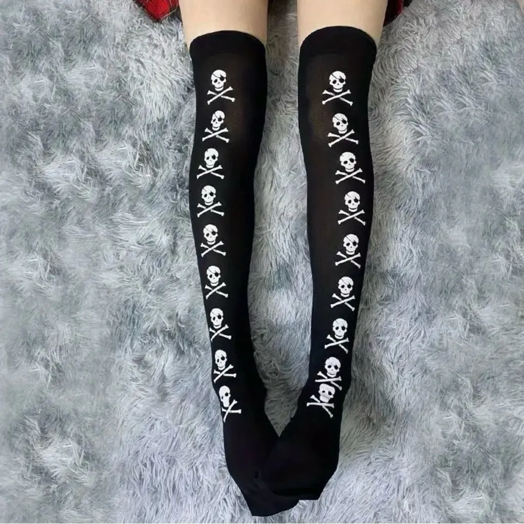 Skull Print Thigh‎ High Socks, Cosplay Over The Knee Socks
One Size Black - Image 7