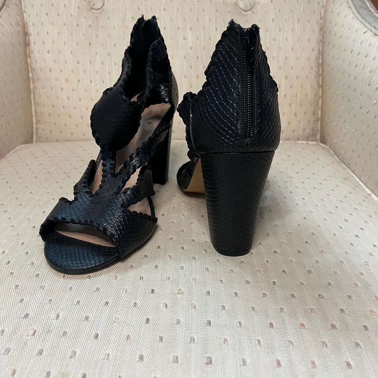 Torrid  Black Crocodile Embossed Laser Cut Block Heel Sandals - Image 4