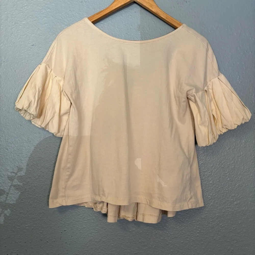 Frye Women's Boat Neck Cream Blouse with Pleated Puff‎ Sleeves XS Office Preppy - Image 4