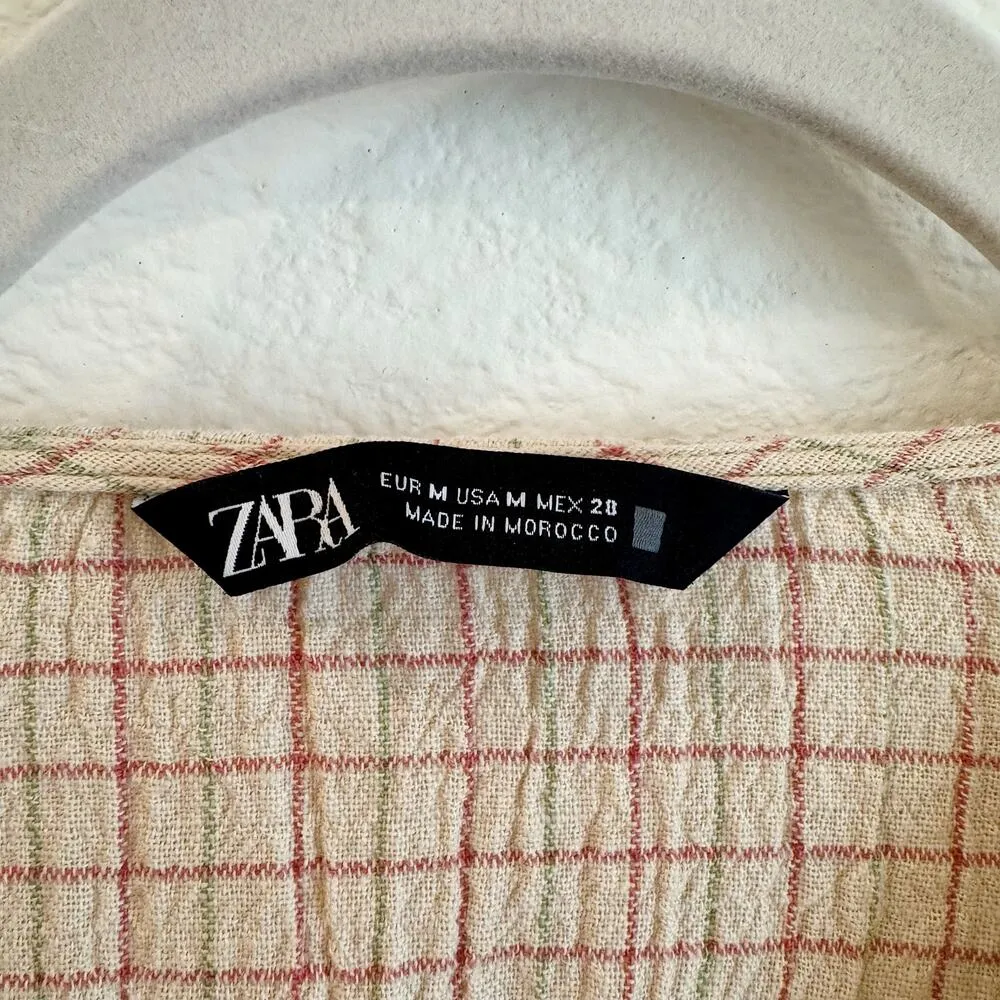 ZARA Textured Plaid Puff Sleeve Crop Top V-Neck Blouse Beige Pink Size Medium - Image 6