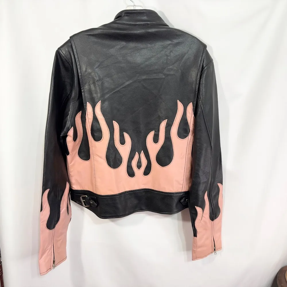 VTG Diamond Plate Womens Large Faux Leather Jacket Black Pink Flame Moto Biker D - Image 3