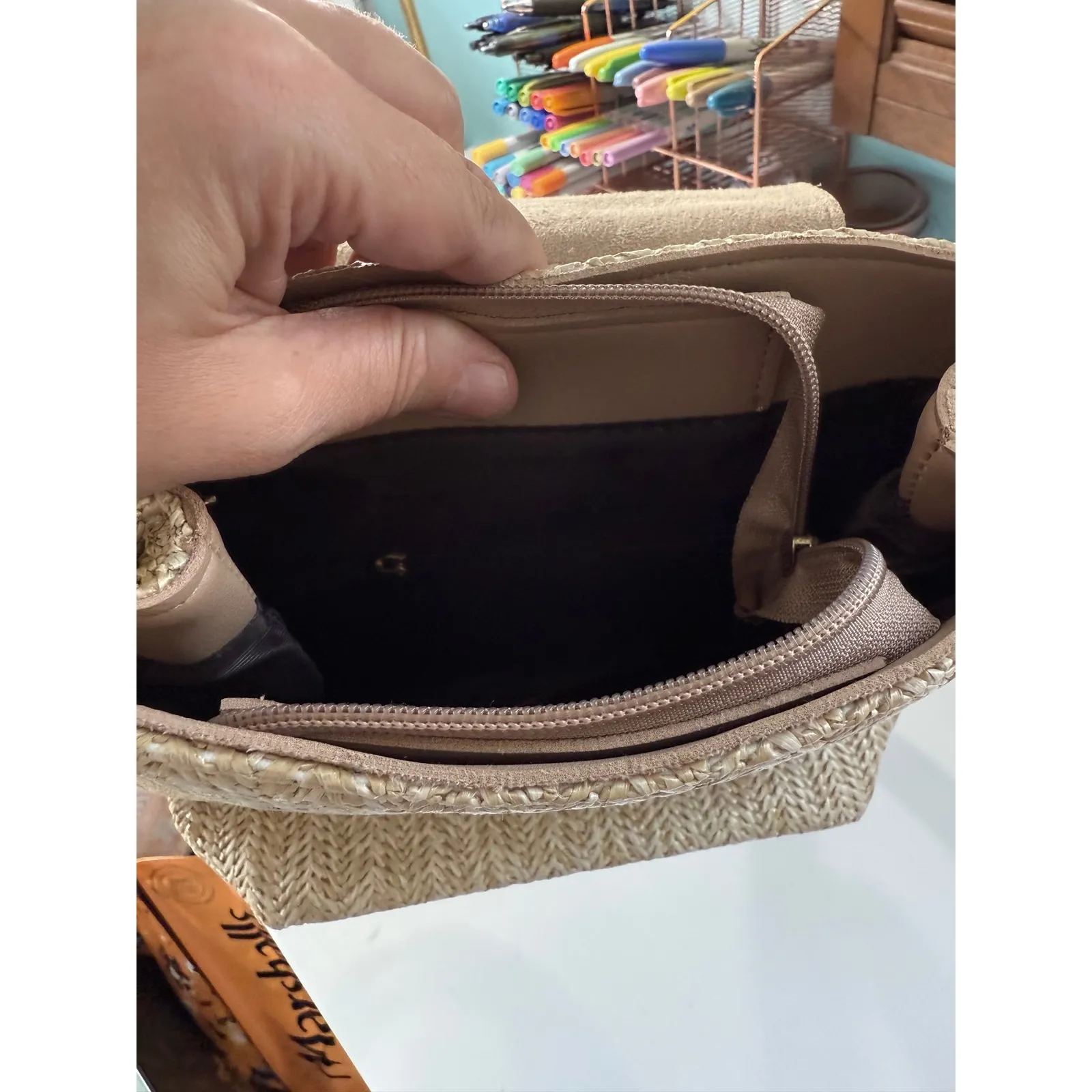 Woven Straw Backpack Beige Faux Leather Trim Buckle Closure Casual Travel Tan - Image 6