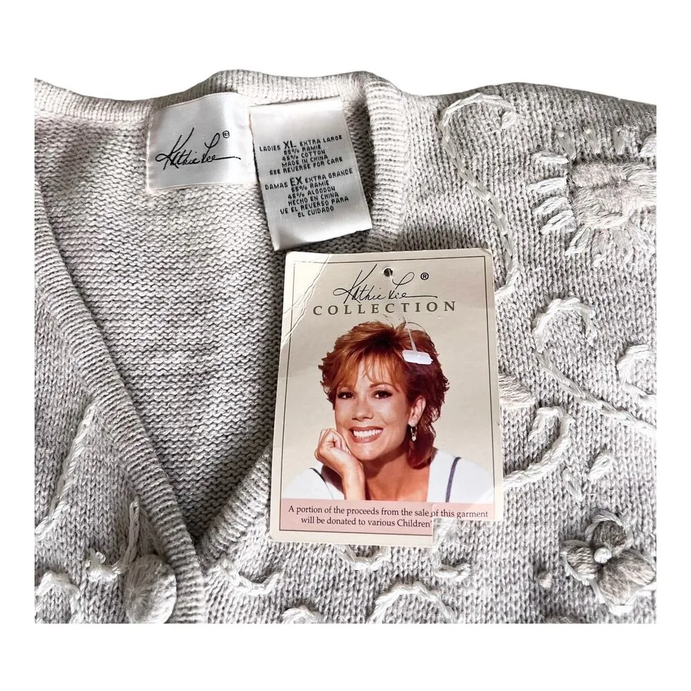 NEW Kathie Lee Floral Embroidered SWEATER Button Up Cardigan Taupe Tan Women XL - Image 4