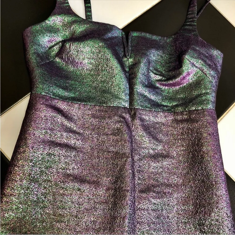 LIKELY Nia Purple Metallic Bustier Plunge Sleeveless Dress Green Iridescent sz10 - Image 4