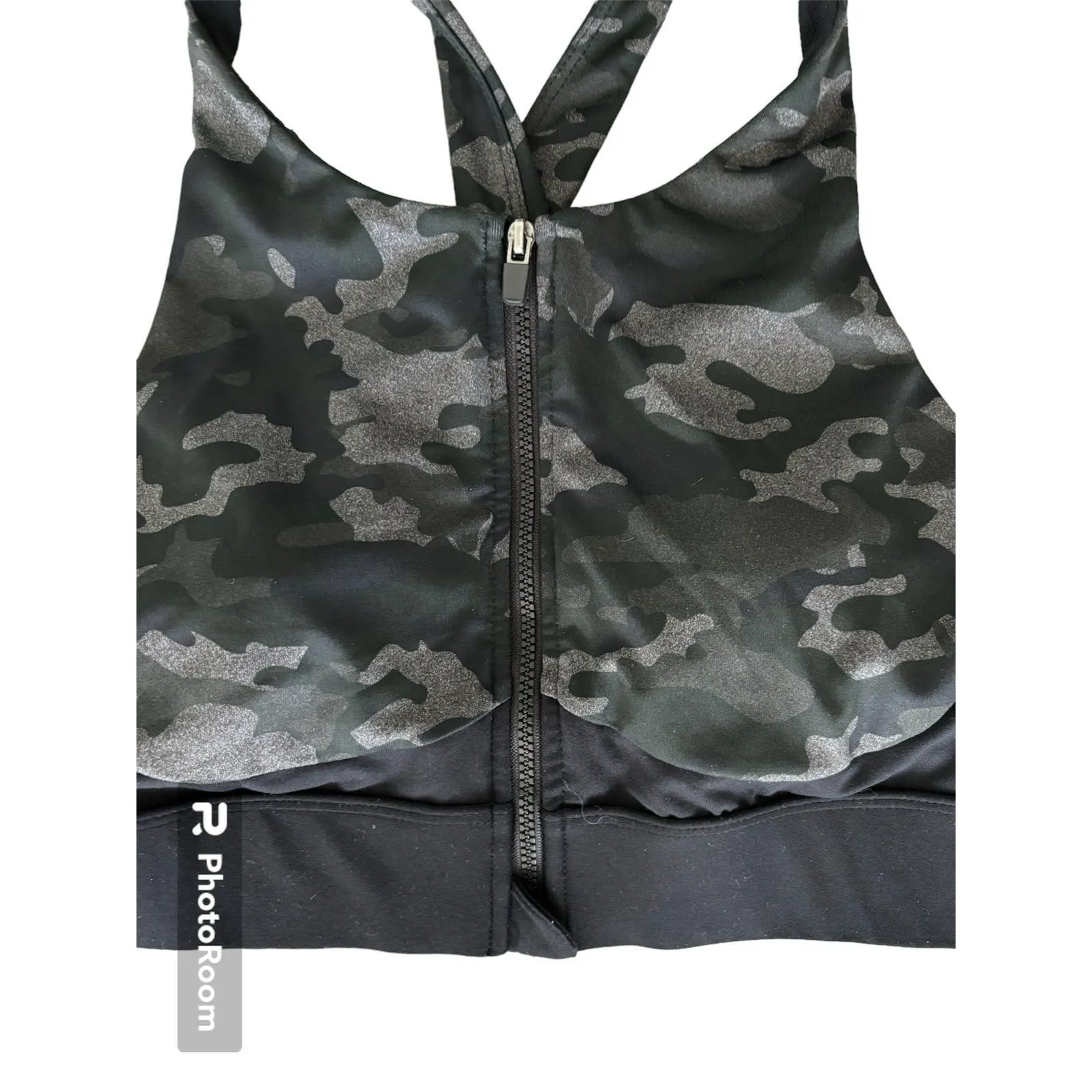 Fabletics High Impact Front Zip Green Gray Black Camo Sports‎ Bra - Image 3