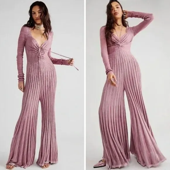 NEW‎ Free People Pink Long Sleeve Knit Flare Pleated Lady Luck Jumpsuit, M - Image 2