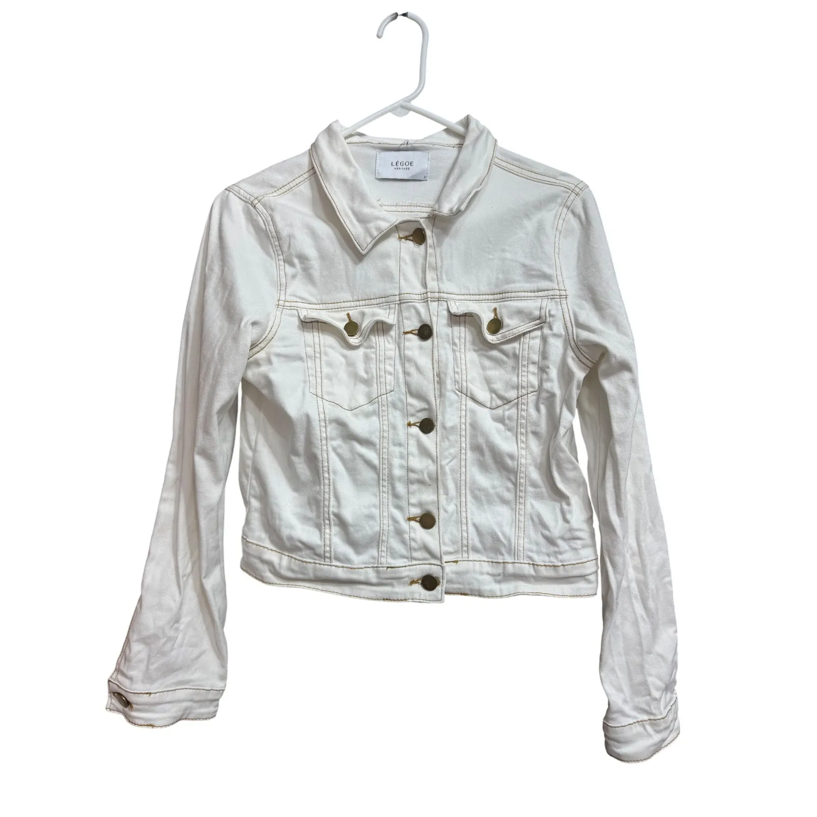 LEGOE HERITAGE Maternity Cropped Denim Jacket Size 0 Gold Stitching Button Front White - Image 2