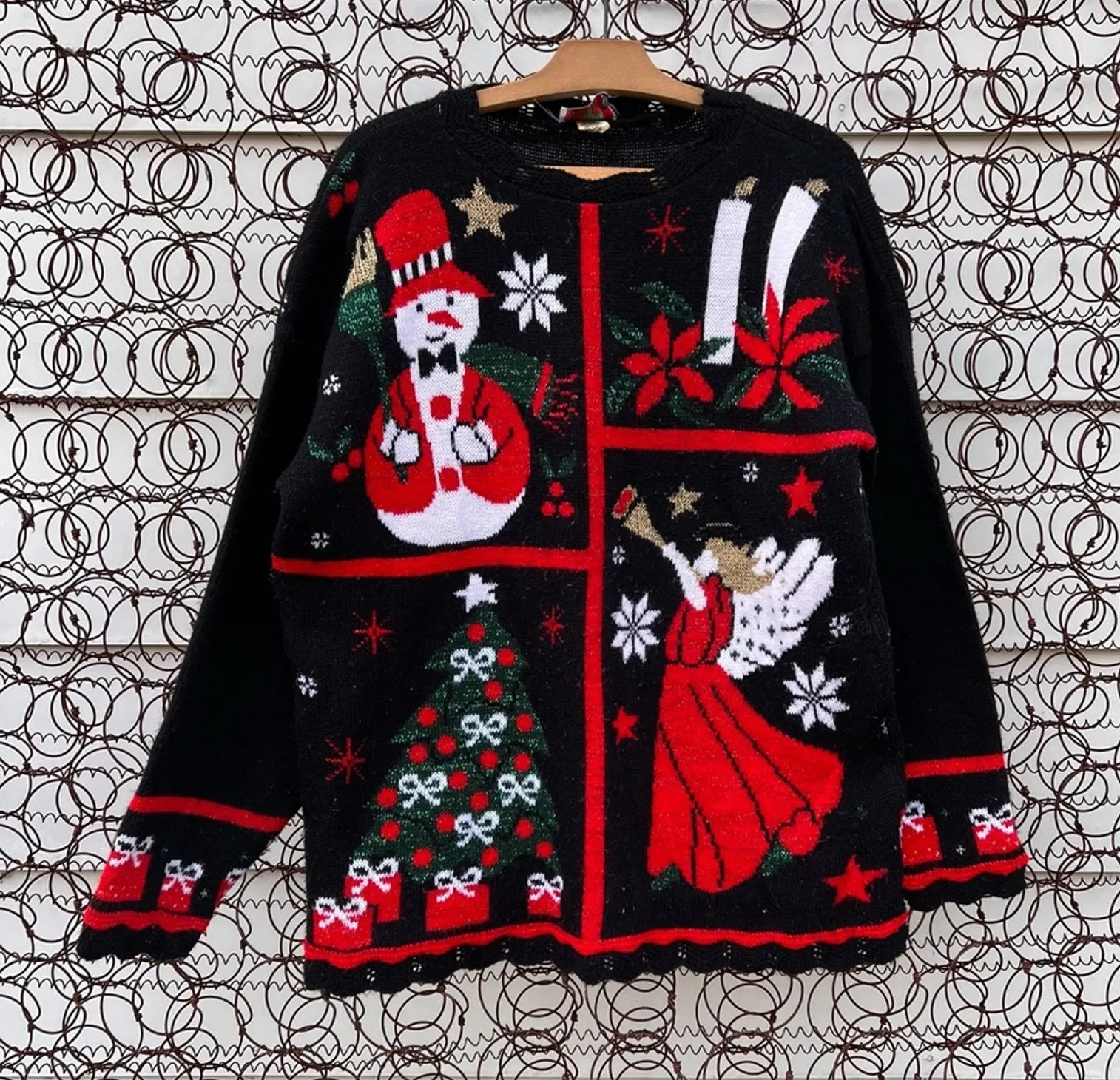 VTG 80s 90s Nutcracker Ugly Christmas Sweater Angel Tree Snowman Candle LARGE Black - Image 1