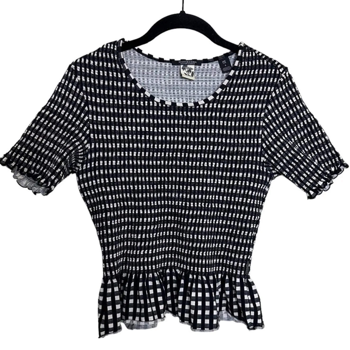 Scotch & Soda Peplum Blouse Short Sleeve Black Gingham Smocked size Small - Image 5