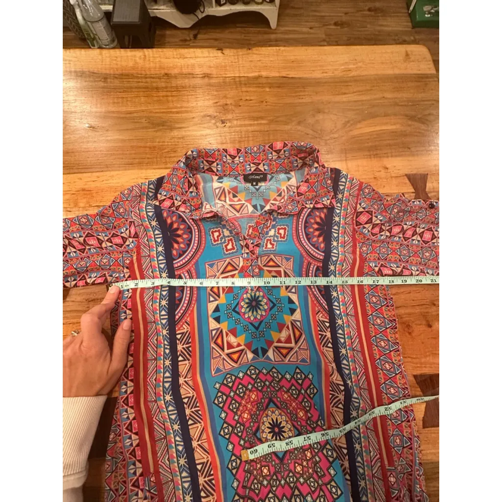 Women's Tolani Long Sleeve Dress M Red Blue Geometric Silk - Image 9