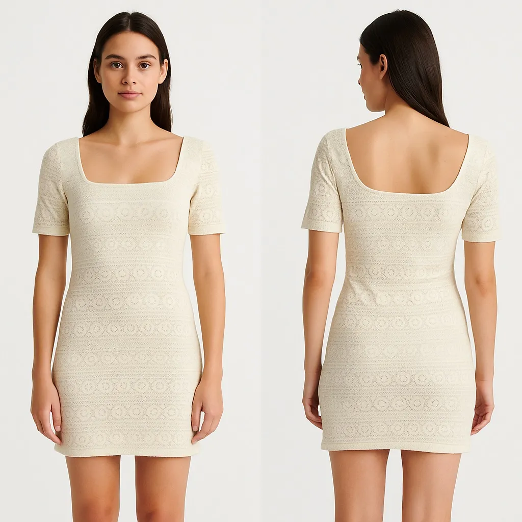 Abercrombie & Fitch Crochet Lace Mini Dress M Cream Knit Bodycon Boho Cottegecor - Image 2