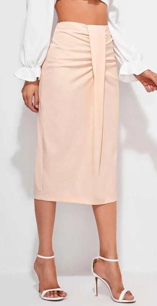 Ruched Front Slit Hem Solid Skirt Tan - Image 2