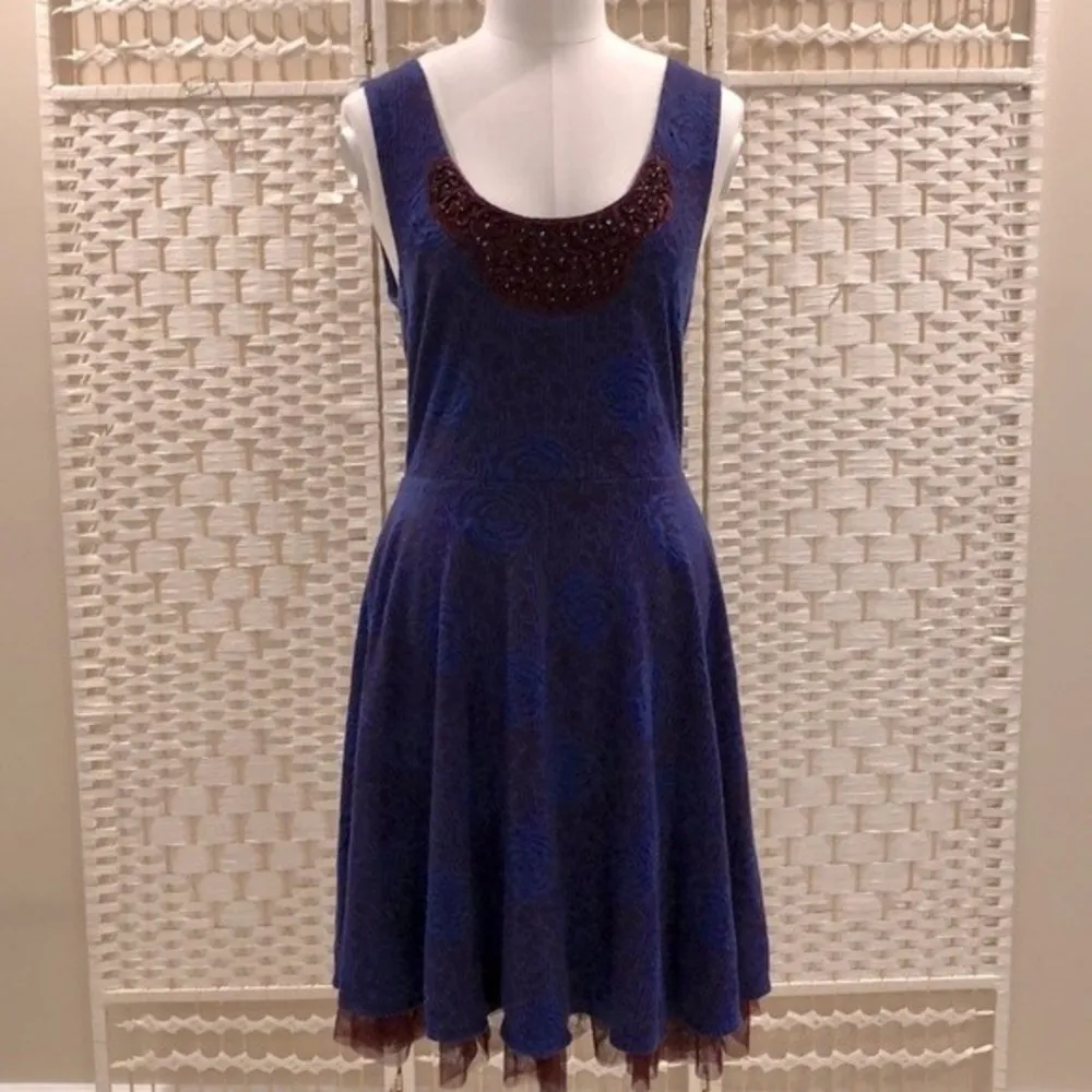 Free People Beaded Sleeveless Tulle Floral Midnight Glimmer Skater Dress Medium - Image 3