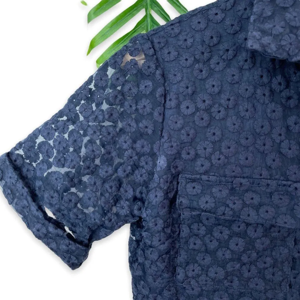 Banana Republic Floral Embroidered Peplum Button-Front Shirt in Navy - Image 7