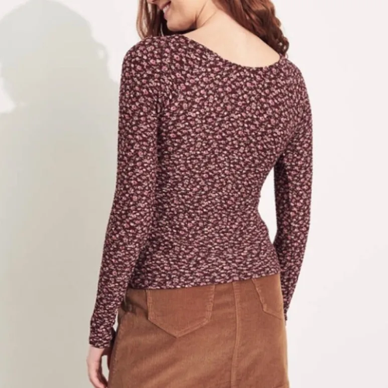 HOLLISTER Cinch Front V-Neck Top Burgundy Maroon Red Pink Floral Y2K Long Sleeve - Image 4