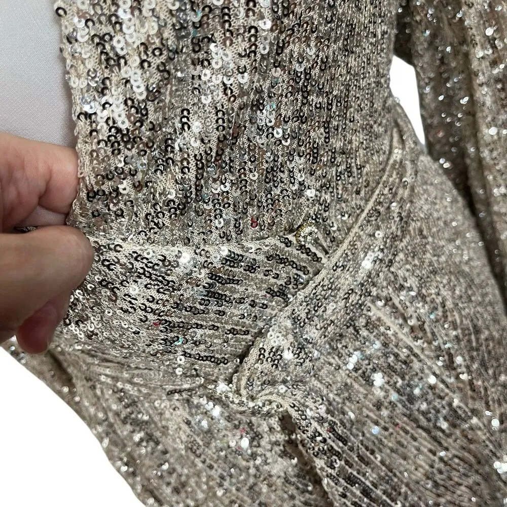 ZARA Sequin Wrap Mini Dress Women’s Size S Metallic Gold Long Sleeve Party - Image 8