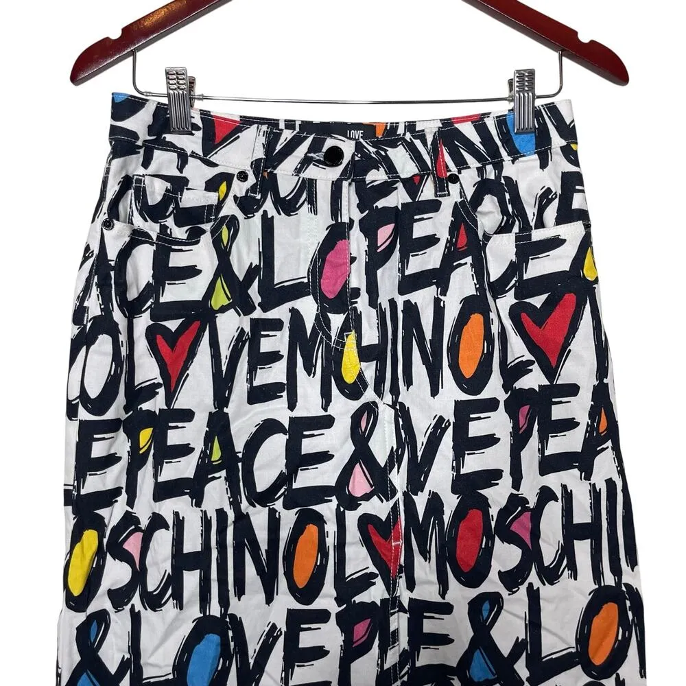 Love Moschino Multicolor All Over Love & Piece white midi pencil skirt sz US 4 - Image 3