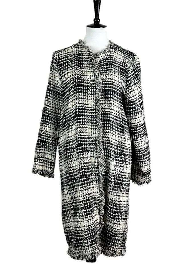 Maven West Women’s Long Jacket Open Front Fringe Black Cream Plaid Size Medium - Image 5