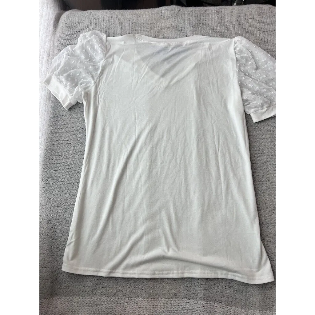 V Neck Short Sleeve Puff Sleeve White Blouse‎ Womans L Casual Loose Shirts Size L - Image 7