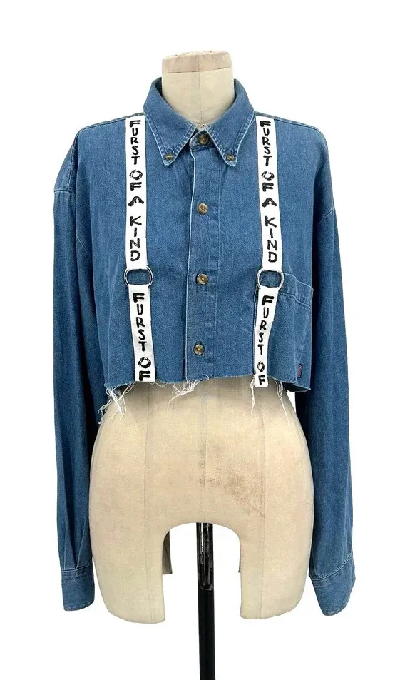 Furst of a Kind Cropped Denim Chambray Top w/ Logo Overall Size Medium - Image 1