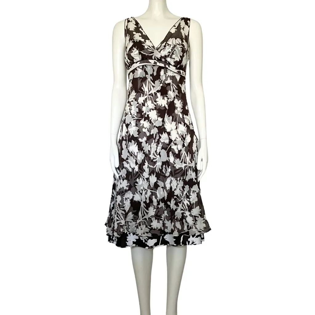Vintage Y2K 100% Silk Ann Taylor Brown White Floral Midi Dress S/M Size 8 V Neck - Image 3