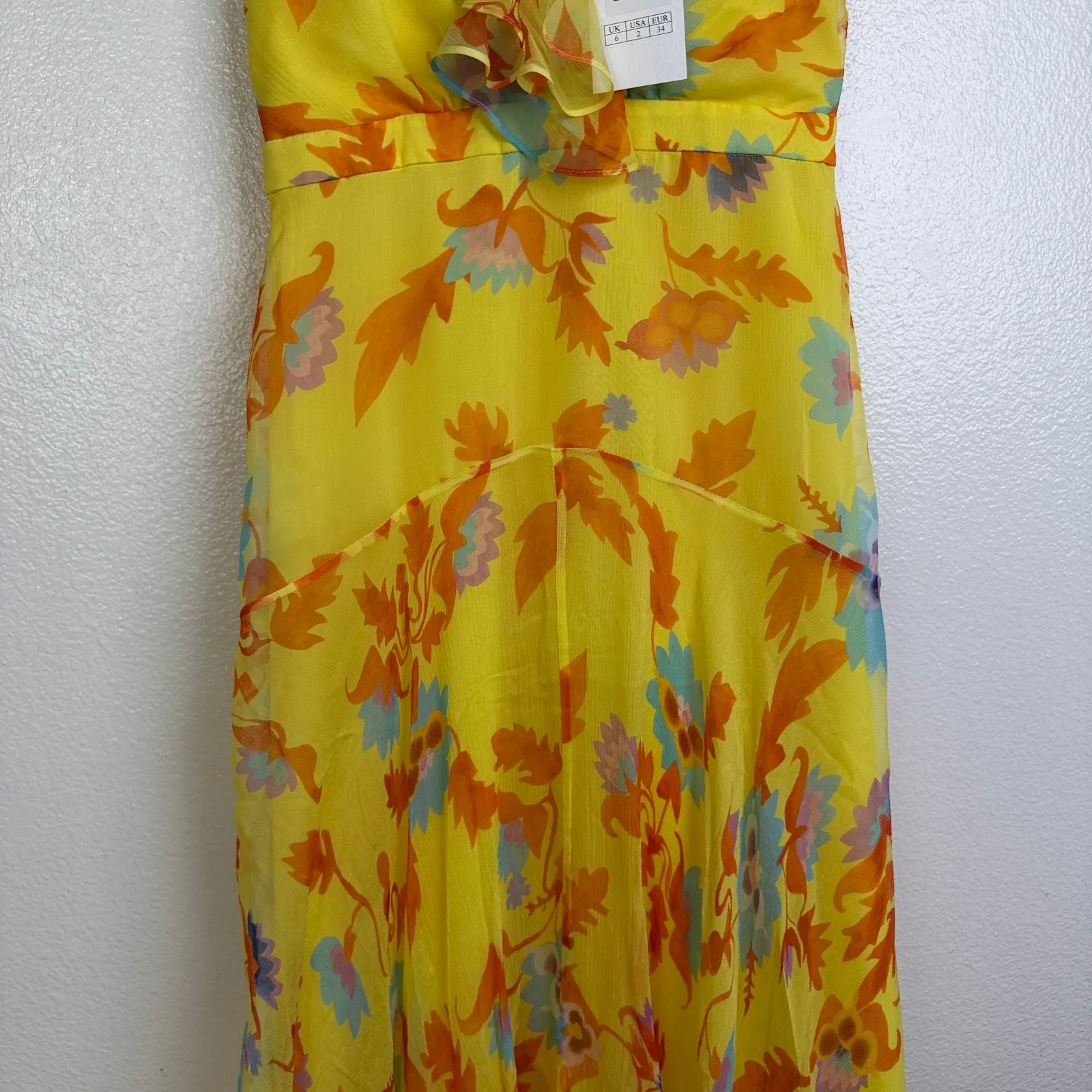 SALONI Silk Floral Dress Womens Size 2 Yellow RITA Flowy Ruffle Midi Dress * - Image 4