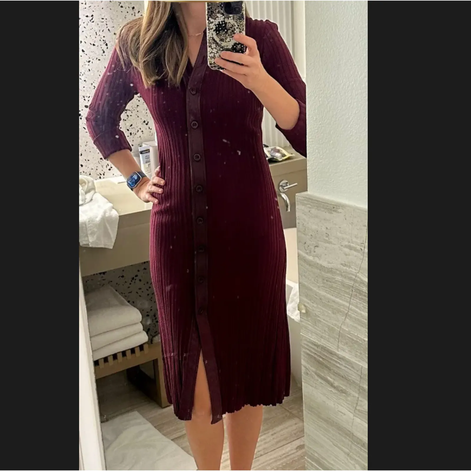 Toccin Burgundy Ribbed Knit Shirt Dress XS Midi Office Work Designer $525 Red - Image 5