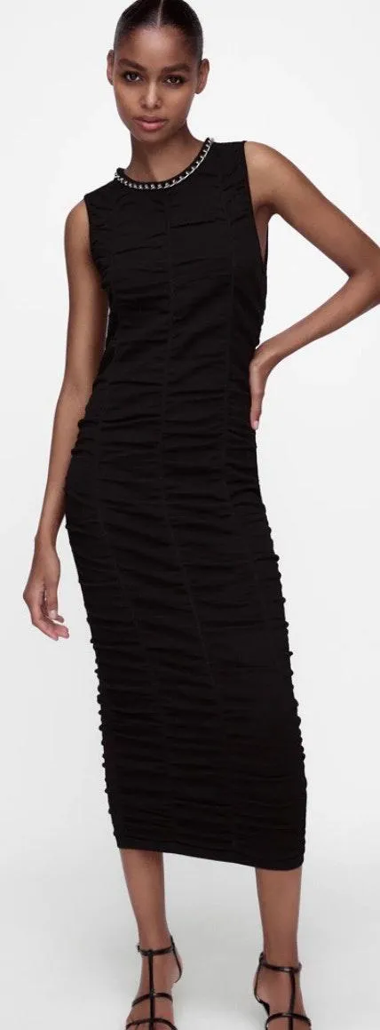 NWT  Chain Trim Black Draped Midi Dress - Image 2