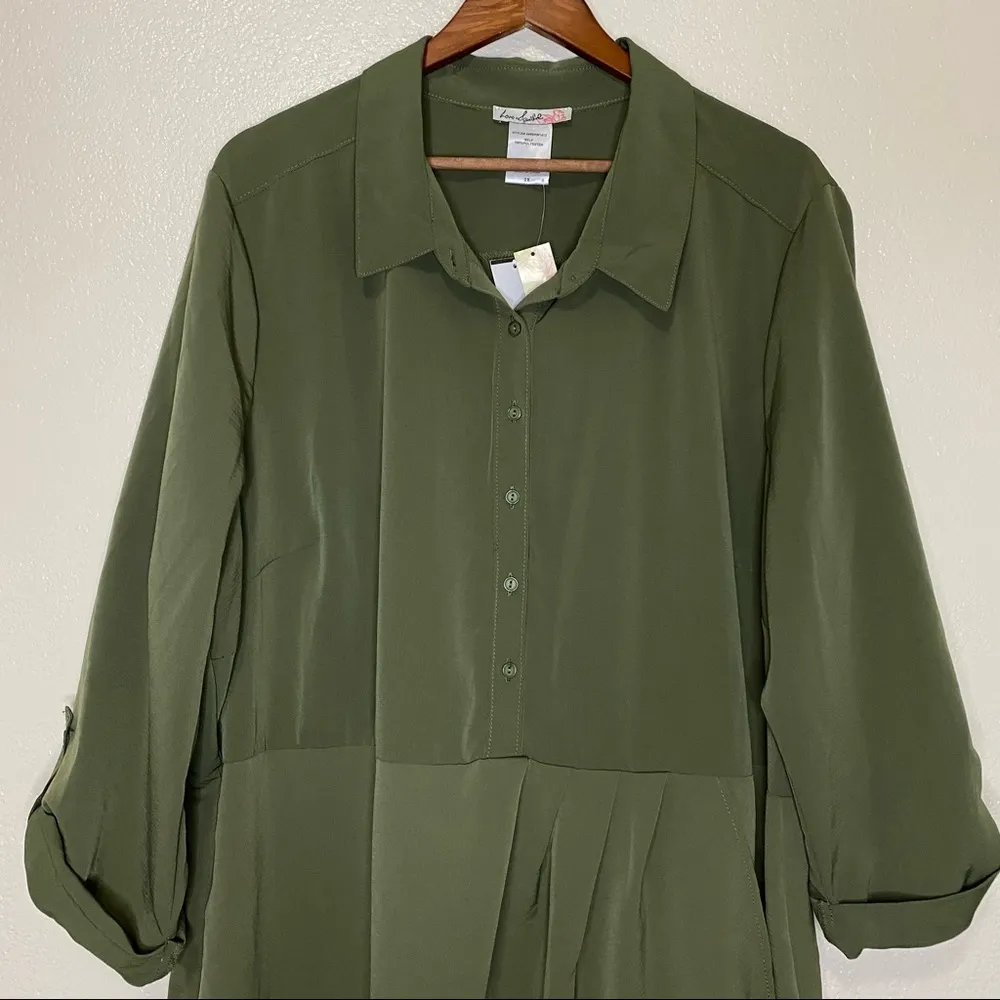 Love Squared Plus Faux Wrap Pleated Shirtdress in Olive Size 3X NWT - Image 4