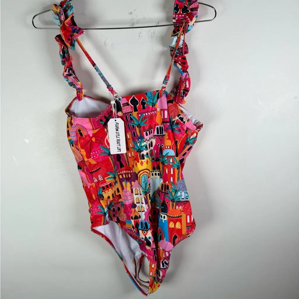 Sportlike Colorful Mediterranean Print One Piece Swimsuit Ruffle Straps Size XL - Image 4