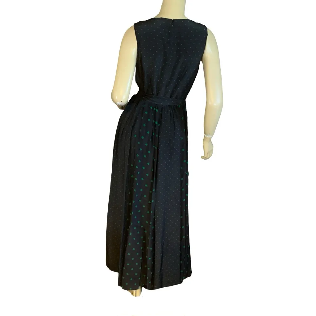 ELIE TAHARI BLACK W/ GREEN POLKADOTS BELTED SILK MAXI DRESS (2) - Image 4