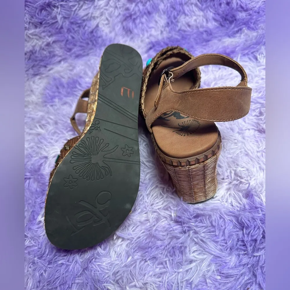 OTBT Leather Brown & Turquoise Chunky Cahoot Espadrille Platform Wedge Sandals - Image 8