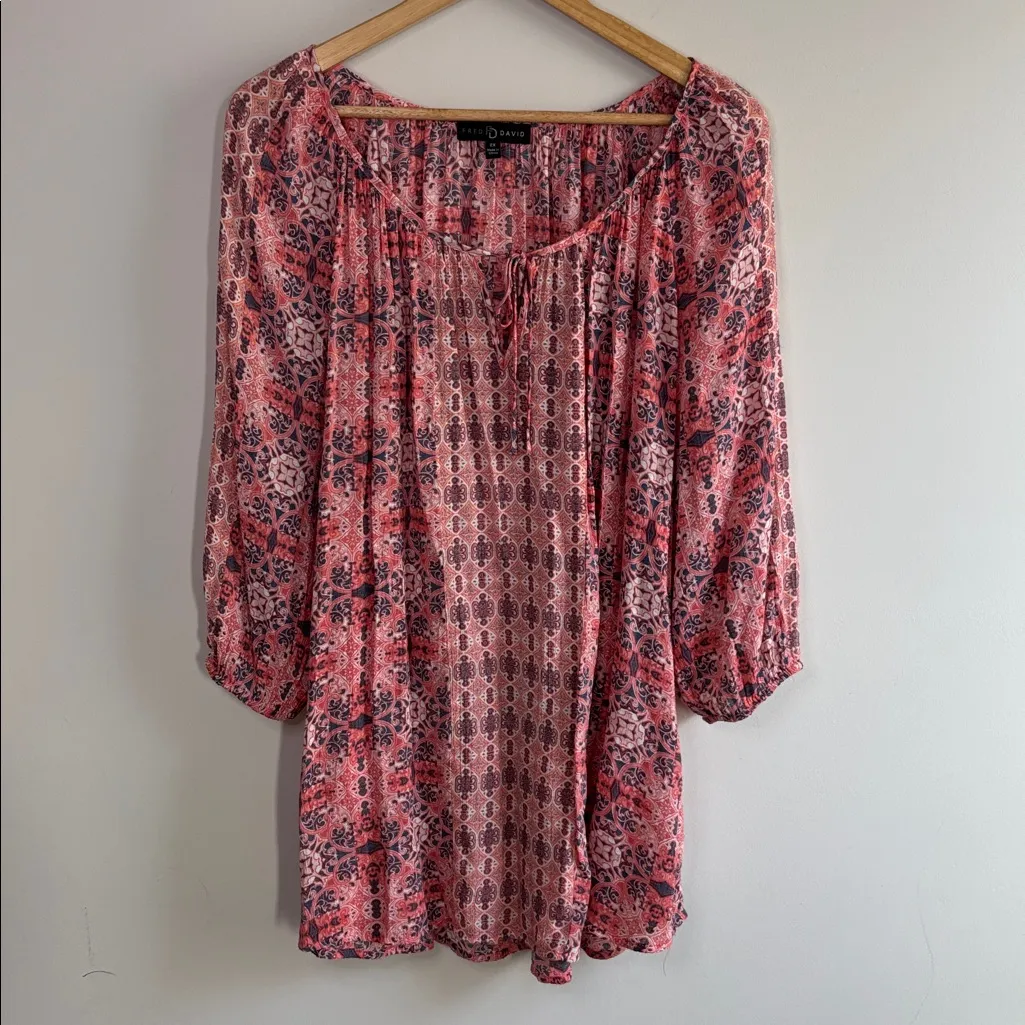 FRED DAVID size 2X pink patterned bohemian peasant blouse tie-neck - Image 2