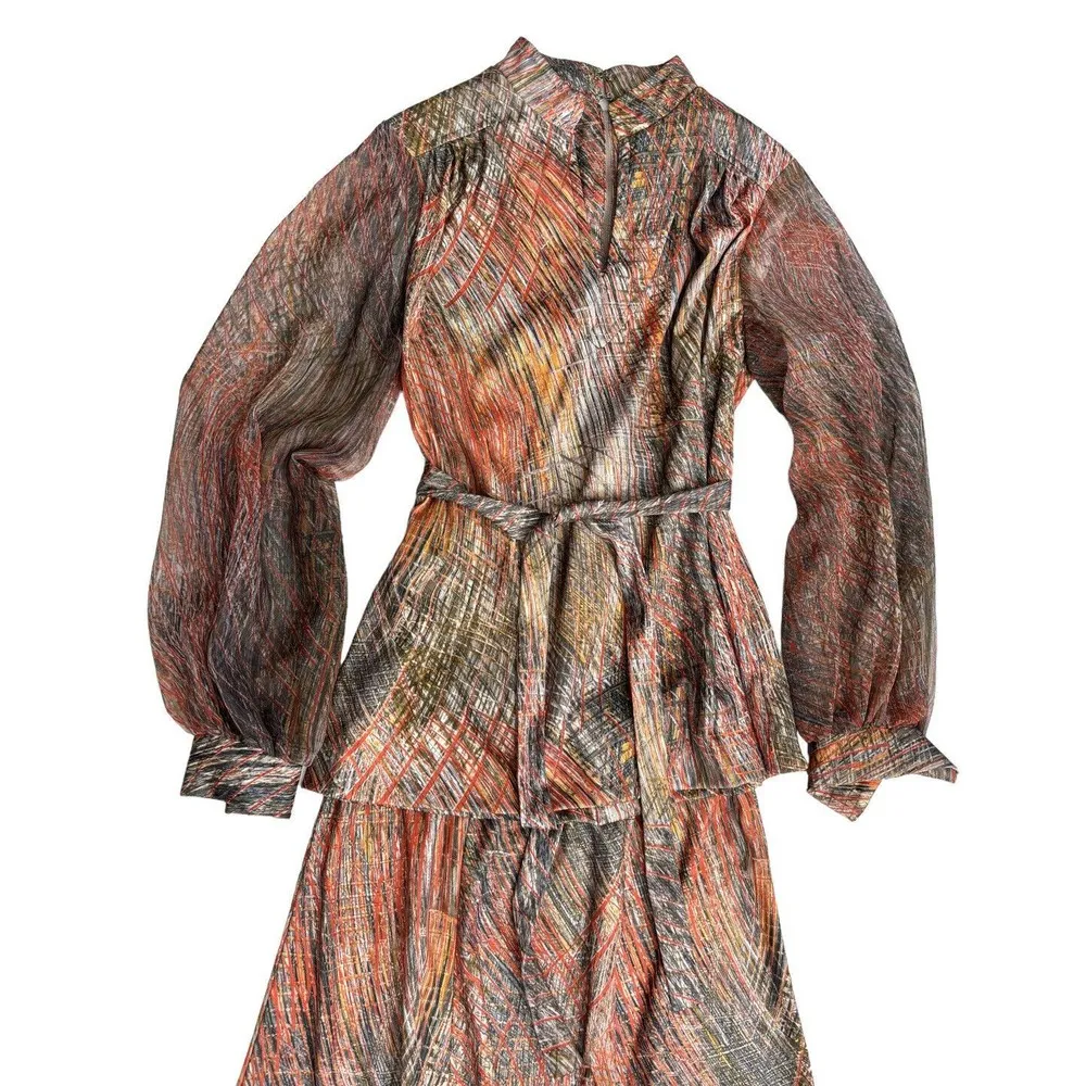 Vtg 70s 80s Skirt Top Set Orange Silver Red Sheer Sleeves Mandarin Collar Size 4 - Image 3