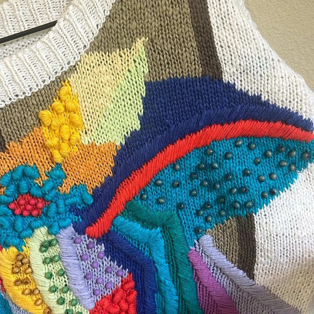 Vtg 3D Knit Sweater Sz Small Beaded Multicolor Funky Rad 80s 90s Art to Wear - Image 5