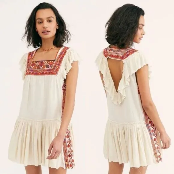 Free People Embroidered Day Glow Mini Open Back Ruffle Peasant Boho Dress - Image 2