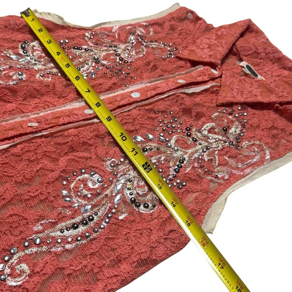 Y2K Miss Me Boho Rhinestone Lace Button up Blouse Cottagecore Rodeo Country L - Image 10