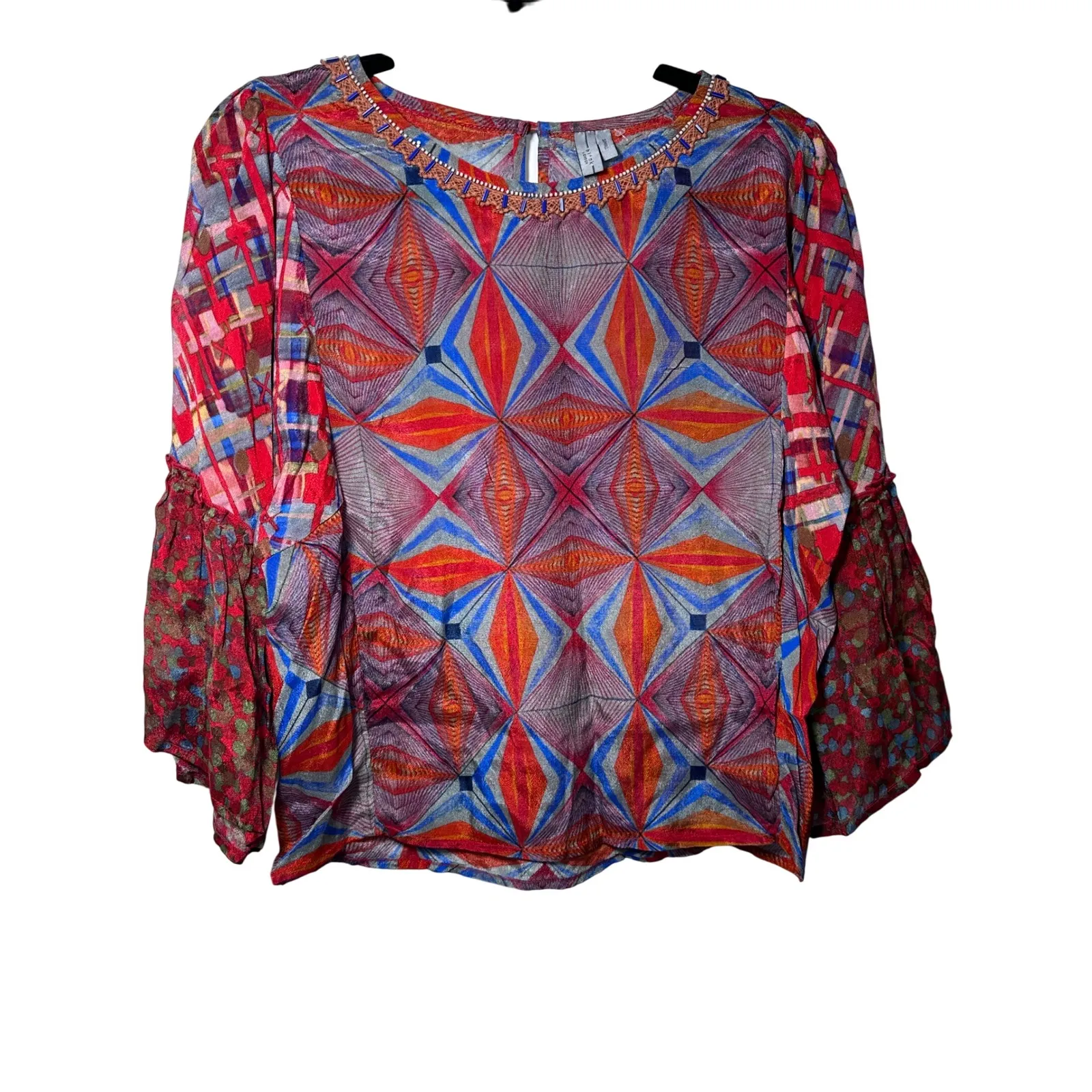Bl^nk London Multicolor‎ Diamond Pattern Beaded Blouse Boho Bell Sleeve Small Red - Image 5