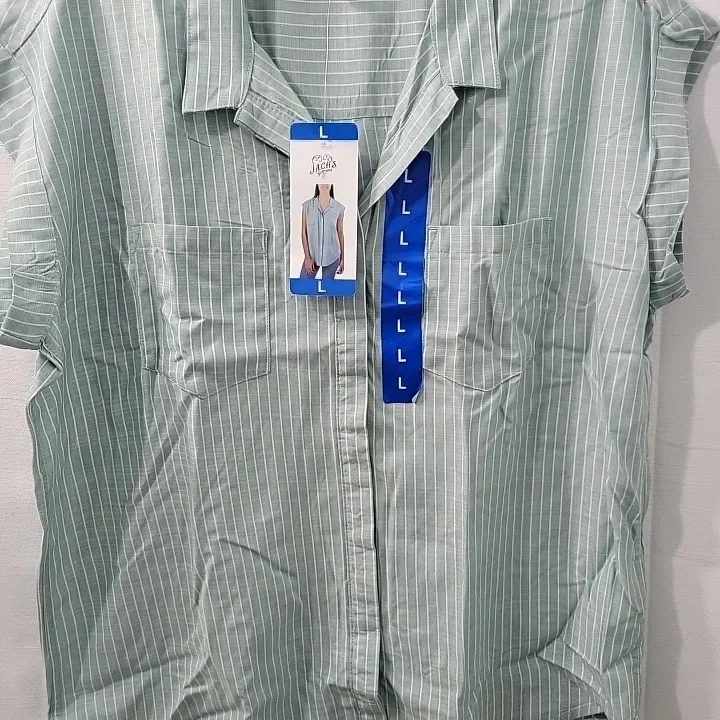Jachs Girlfriend Women's Striped Cotton Green Sleeveless Button-Up Shirt Size L - Image 7