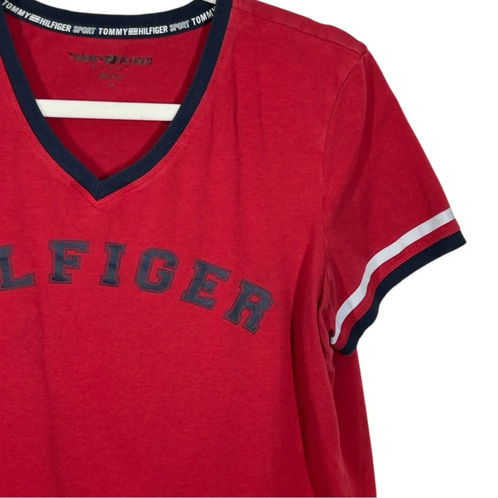 Vintage Tommy Hilfiger Sport Red Ringer V-Neck Tee Y2K Size M - Image 4