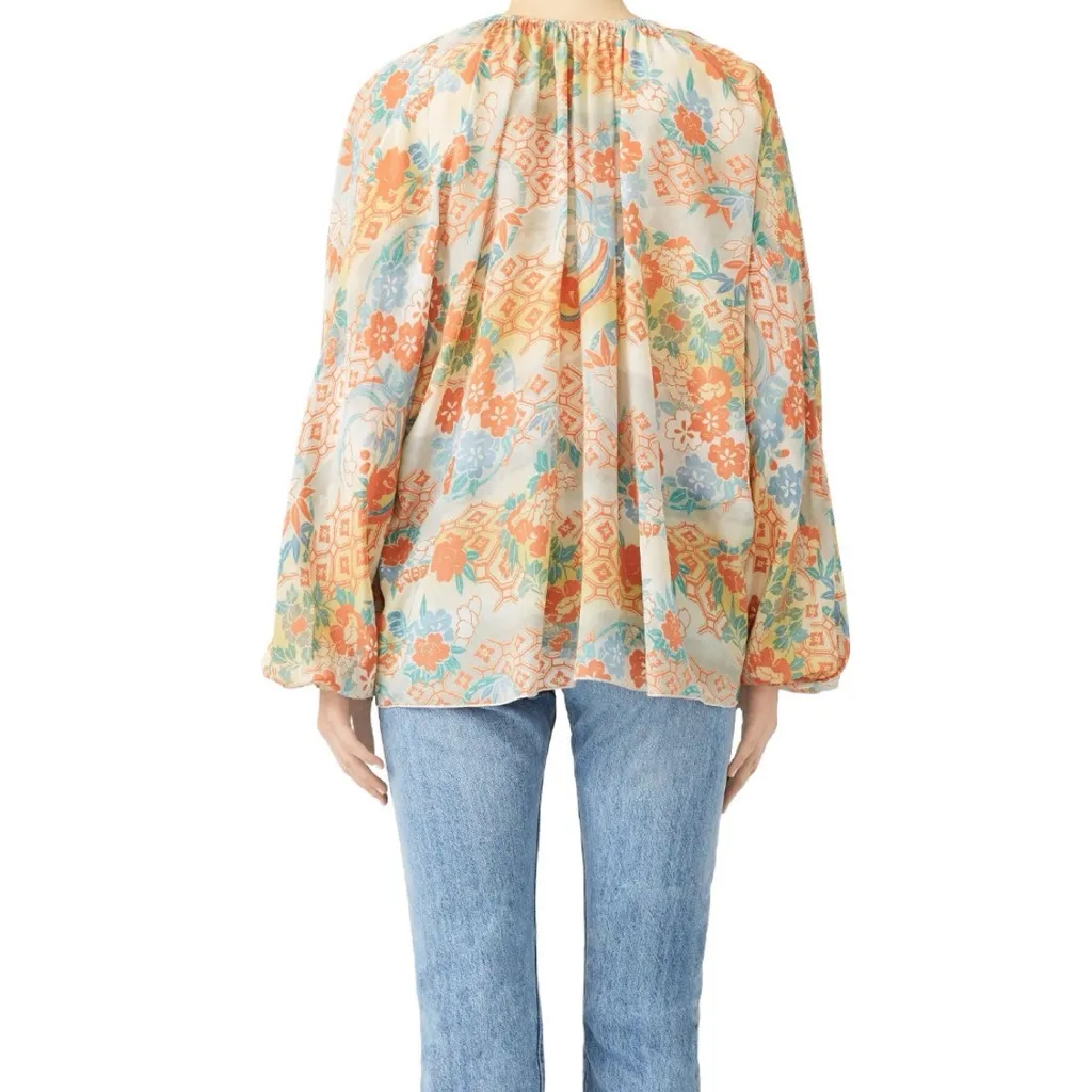 Elizabeth and James Chance Silk Multicolor Orange and Blue Floral Print  Blouse - Image 2