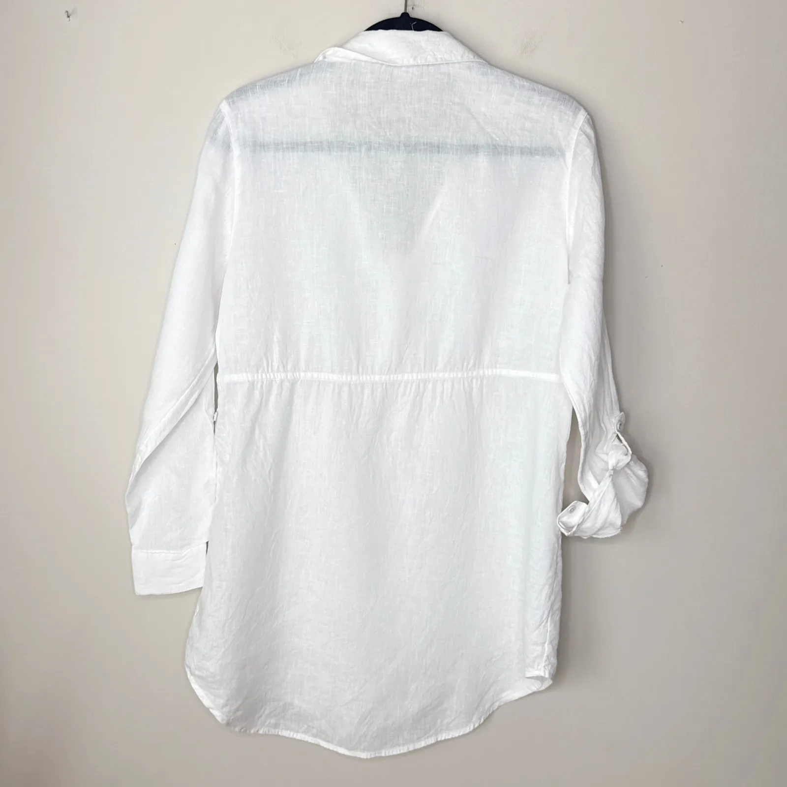 Sigrid Olsen 100% Linen White Roll-Tab Sleeve Collared V-Neck Tunic Top Small - Image 6