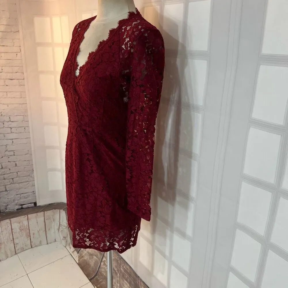 WAYF Say It Out Loud Burgundy Lace Long Sleeve V-Neck Mini Dress Size Small - Image 5